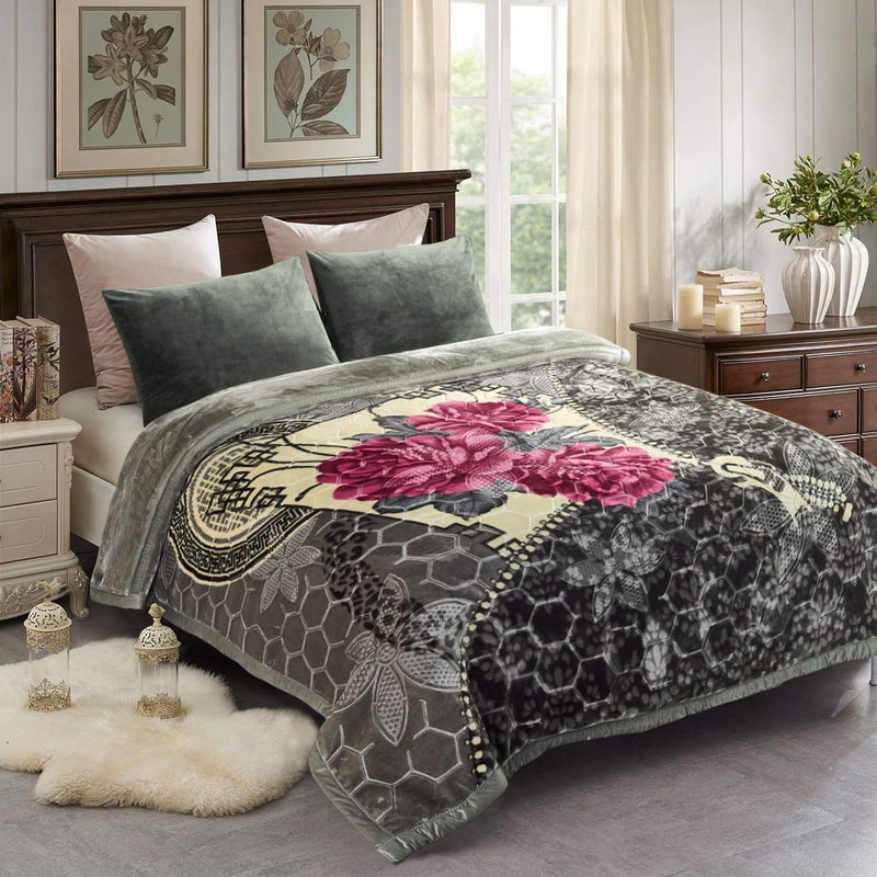 JML Fleece Blanket King Size, 87" x 94", 10.5 Pounds, Heavy Korean Style Raschel Blanket, Perfect for Fall Winter- Silky Soft, Thick, Warm, 2 Ply A&B Printed, Grey Red Floral - Image 1